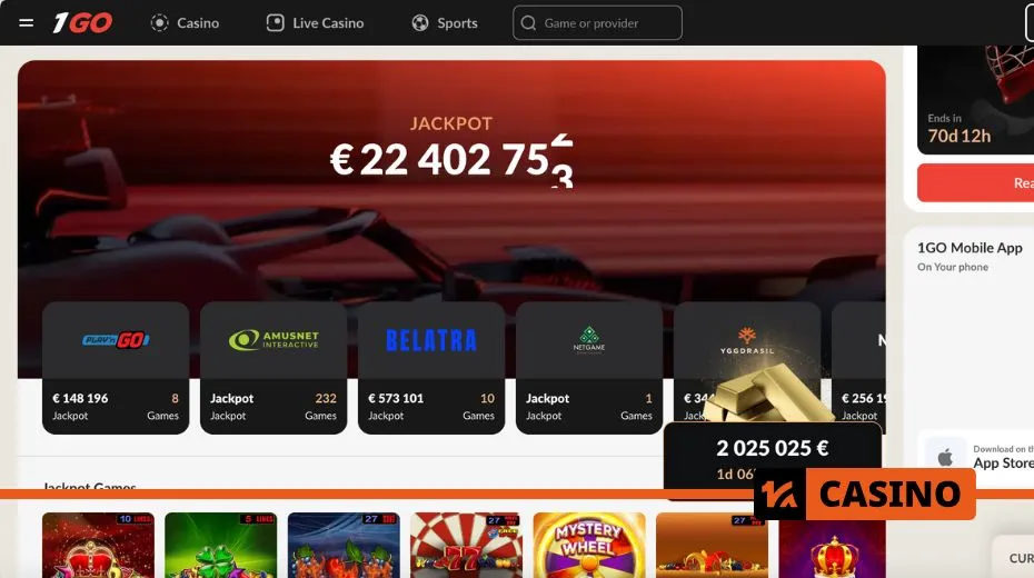 Сайт 1Go Casino с игровыми категориями, акциями и удобной навигацией.