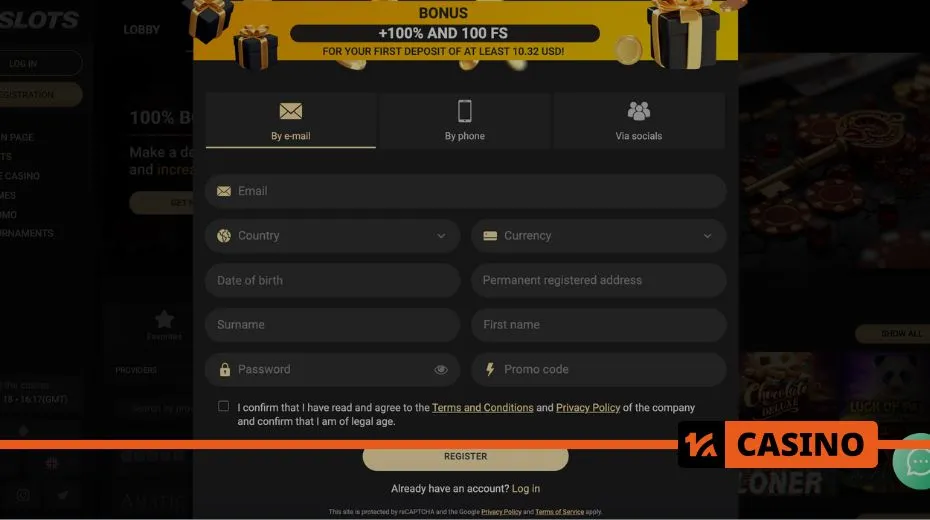 1xslots registration using email, phone number, or social media accounts