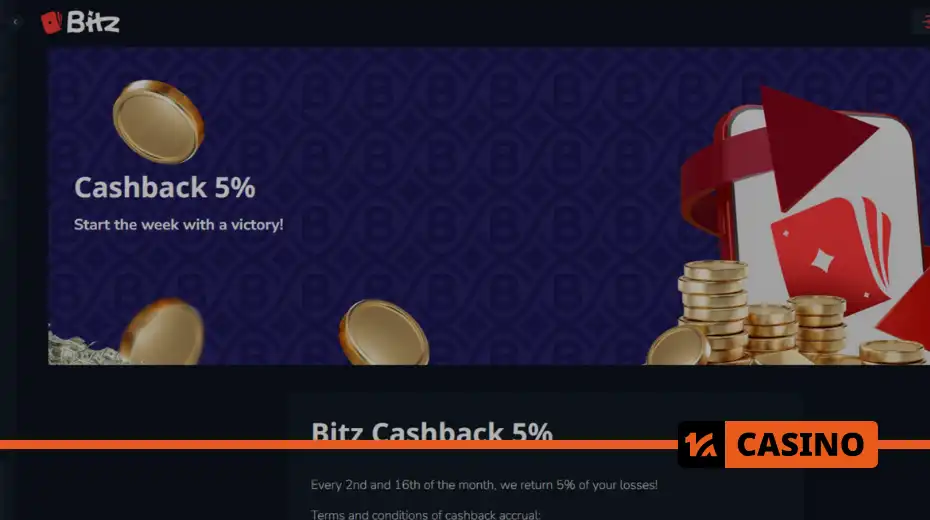 5% cashback at Bitz casino maximum refund amount without wagering