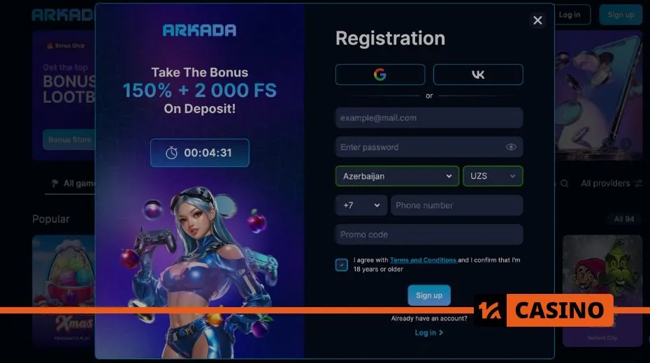 Arkada Casino registration to claim welcome bonuses and promotional rewards