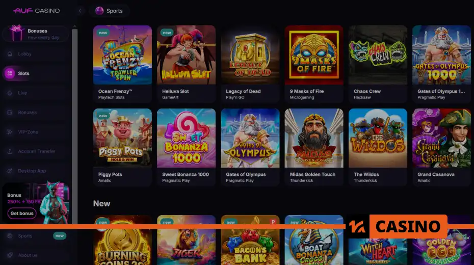 Auf casino ойын автоматтары жинағы жаңа және бонус белгілерімен