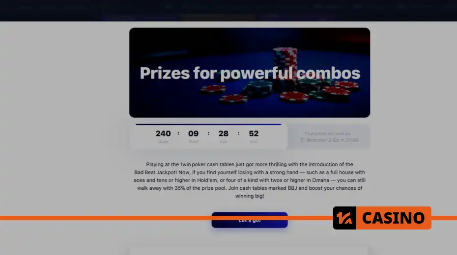 Bad Beat Jackpot at 1win what it gives – a player who loses with a strong hand receives 35% of the prize pool