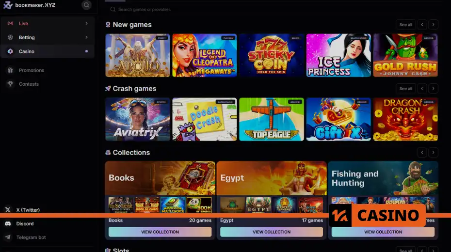 Bookmaker XYZ casino bölümü – slot ve crash oyunları koleksiyonlarını içeren arayüz