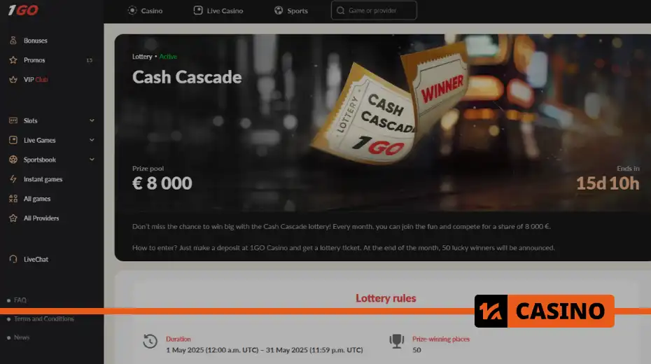 Cash Cascade at 1Go casino number of winners