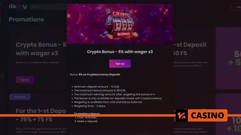 Крипто Бонус в Daddy casino с отыгрышем в популярных слотах