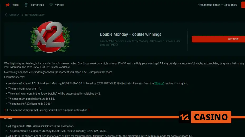 Double winnings every Monday at Pinco – maximum bonus up to 50 euro per bet