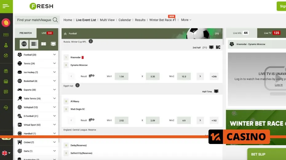 Раздел ставок Fresh Casino с выбором спортивных событий, live-коэффициентами и вариантами пари