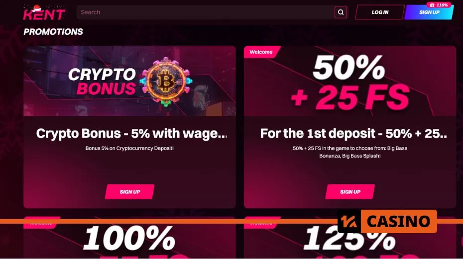 Kent casino promo code welcome bonuses including 100 no-deposit free spins and bonuses on three deposits: 150% and 100 FS, 120% and 100 FS, and 125%