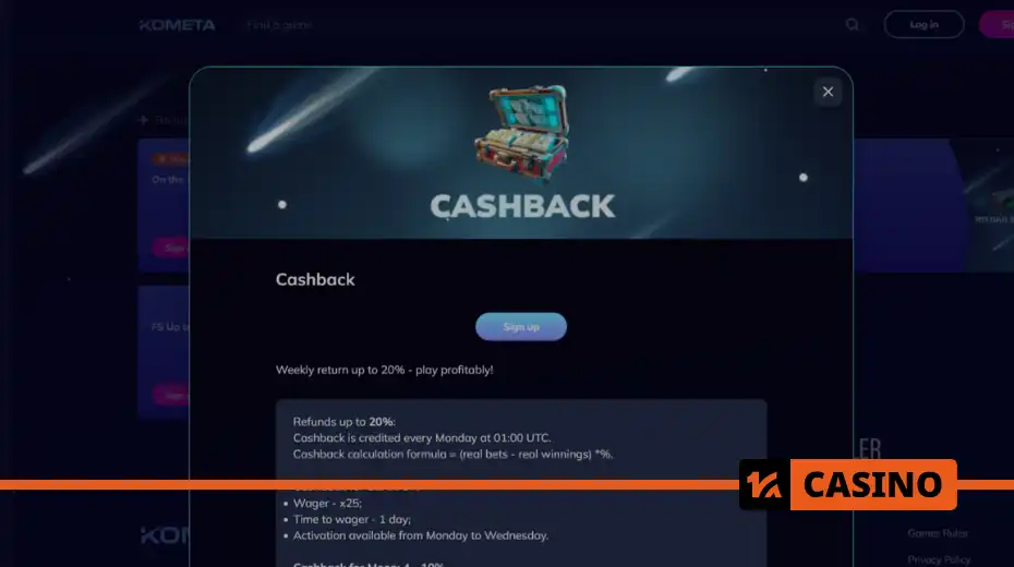 Kometa casino Cashback – oranlar ve çevrim tabloları