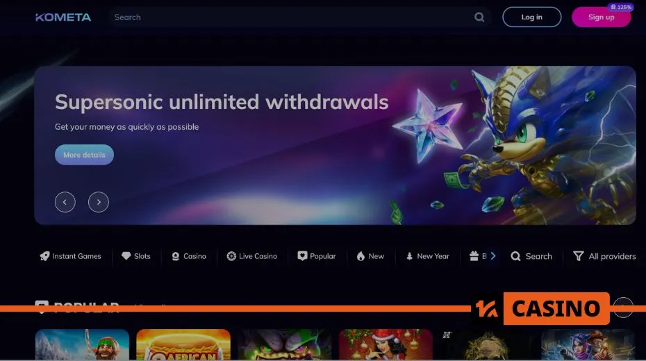 Kometa casino official website with detailed sections for games and payment options