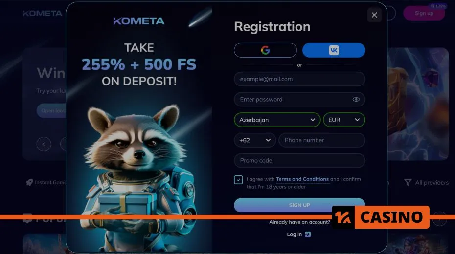 Kometa Casino registration to claim exclusive welcome bonuses and free spins