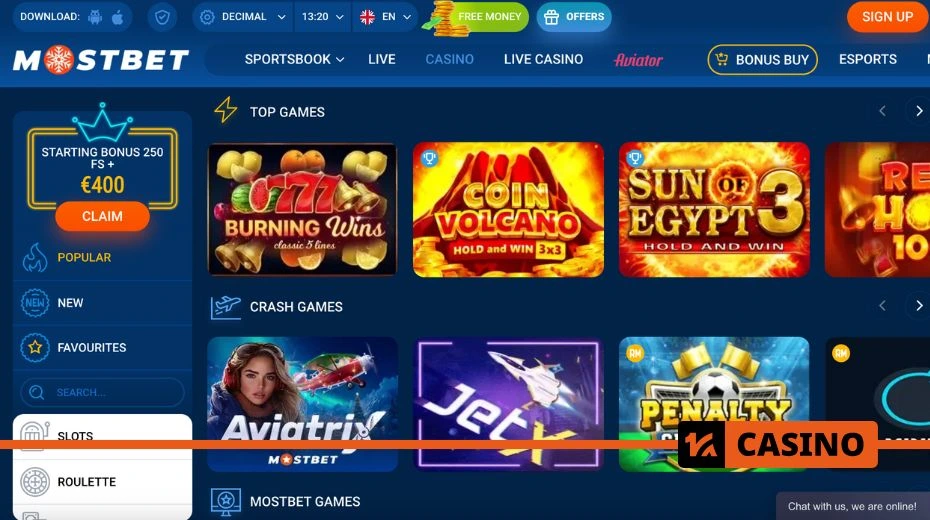 Mostbet casino with slots, table games, and live dealer options