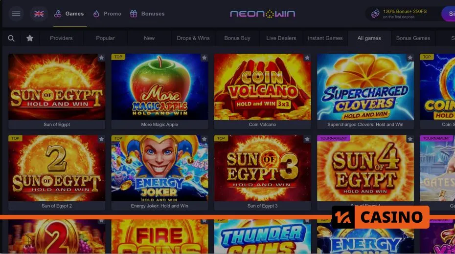 Neon Win Casino games featuring high-RTP slots, classic table games, and progressive jackpots