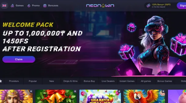 Neon Win Casino offering a variety of slots, table games, and live dealer options