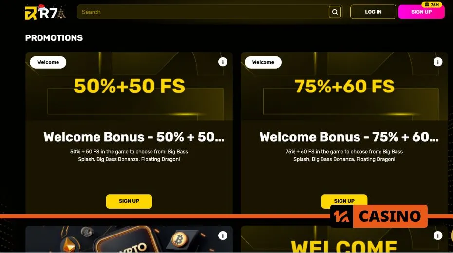 R7 casino promo code welcome bonuses including up to 75% and 60 FS, up to 100% and 75 FS, and up to 100% and 75 FS on three deposits