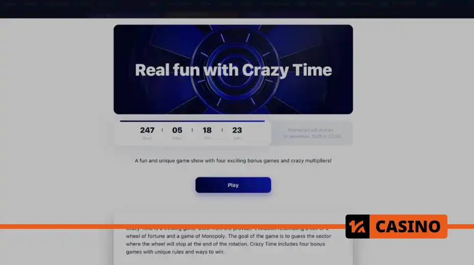 Bonus games and winnings in Crazy Time on the 1win platform.