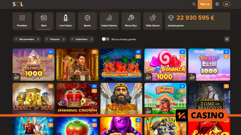 Выбор слотов Sol Casino с популярными играми и провайдерами с высоким RTP