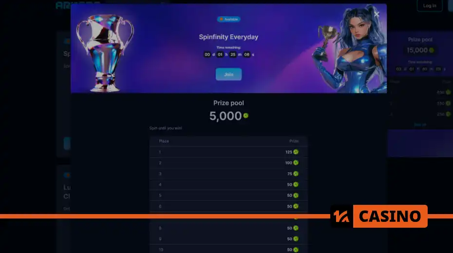 Spinfinity Everyday at Arkada casino tournament: daily participation and game rules