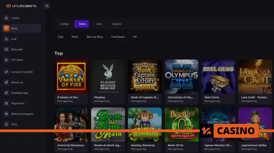 Unlim casino'daki Microgaming slot bölümü – adım adım seçim ve oyun başlatma