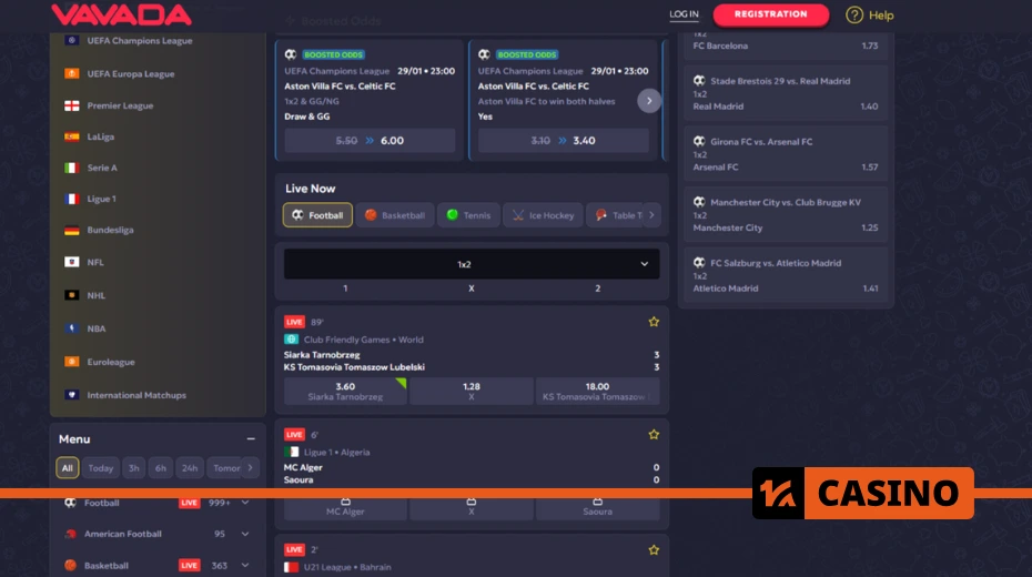 Vavada sports betting section with live match streaming, odds comparison, and bet types