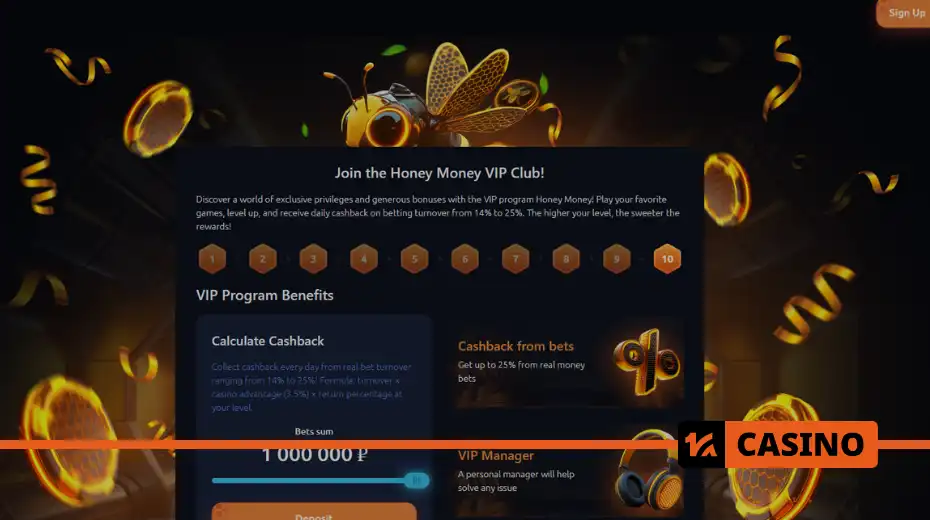 VIP club Honey Money casino how to join: register, place bets and collect CP to automatically enter the program